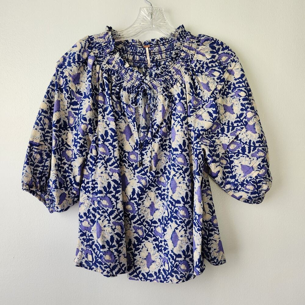 Free People Top Women's XS Blue Willow Printed Smocked Puff Sleeve Tie Babydoll